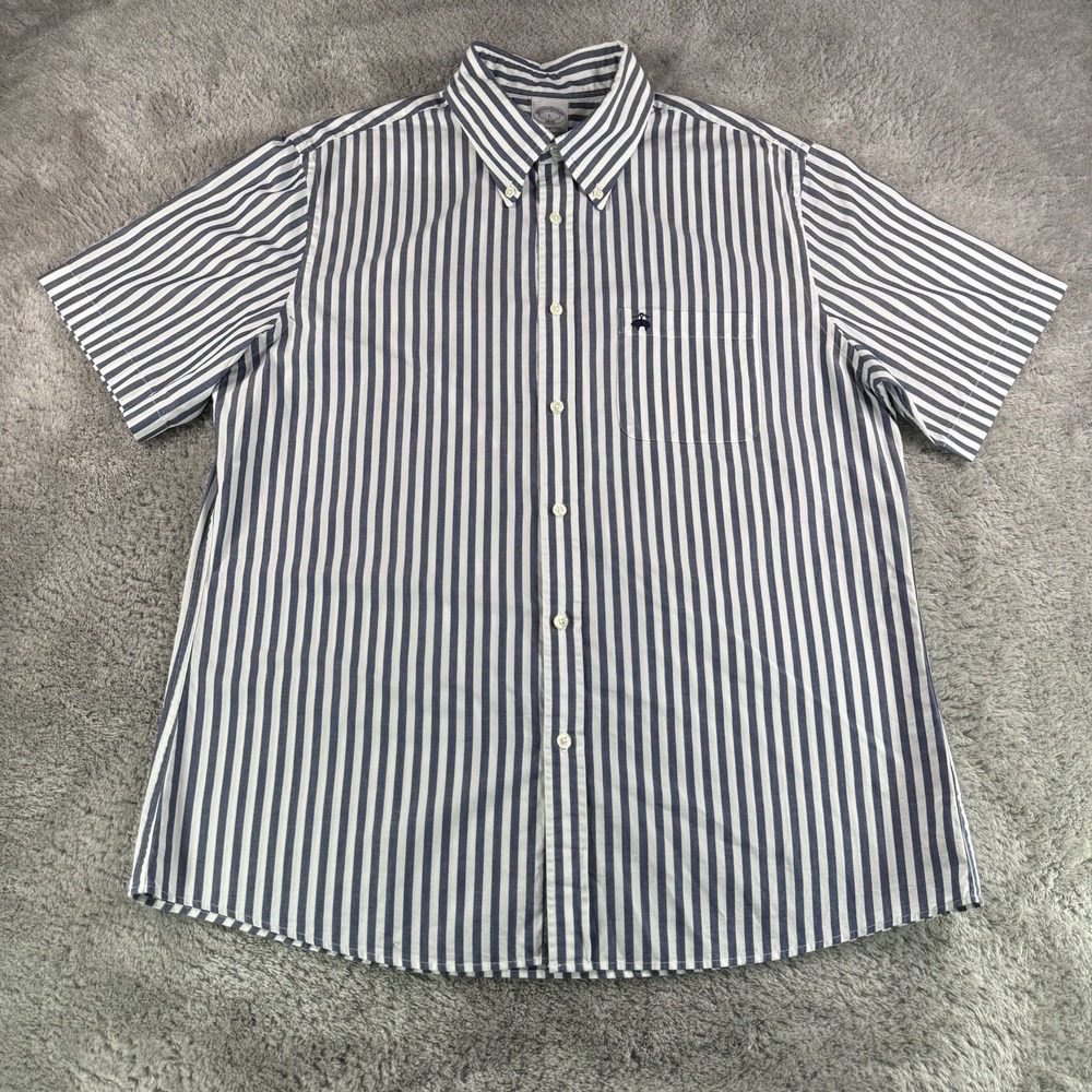 Brooks Brothers Shirt Mens L Regent Fit Light Blue Striped Short Sleeve Button